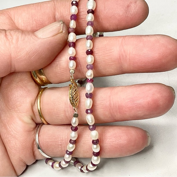14K Pearl Ruby Necklace Single Strand 18” - Picture 5 of 6